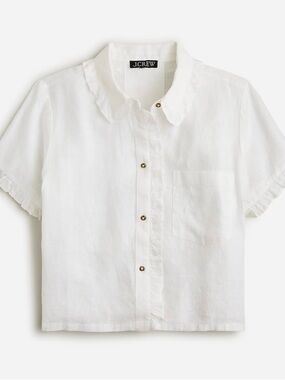 J. Crew White Linen Short-Sleeve Button-Front Shirt w Ruffles